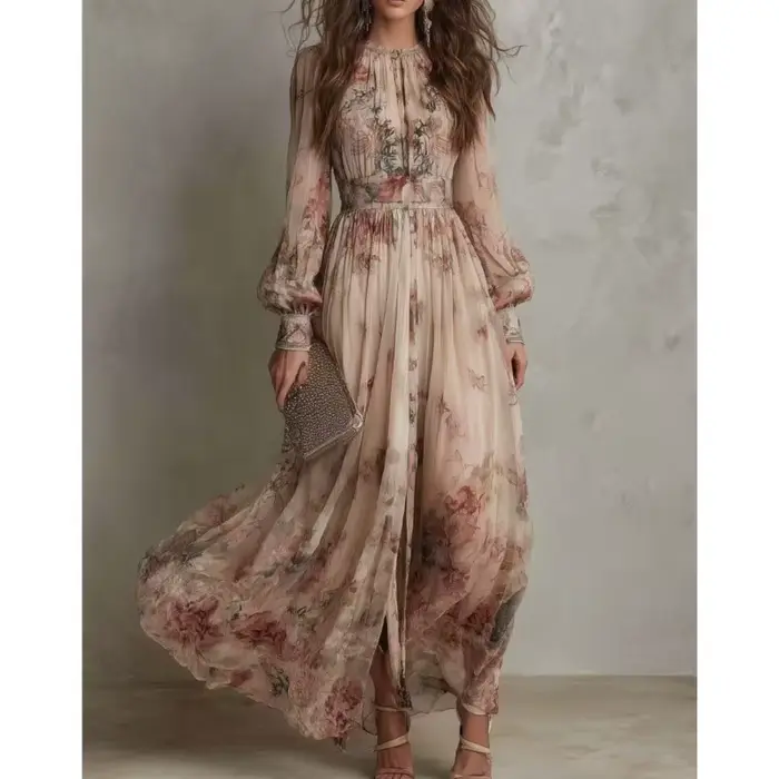 Robe longue plissée bohème vintage imprimée