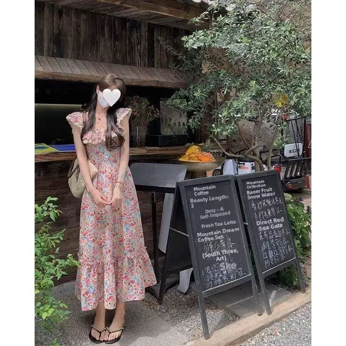 Robe longue élégante en suède douce avec impression floral pour femmes, style chic français, idéale pour vacances et occasions spéciales