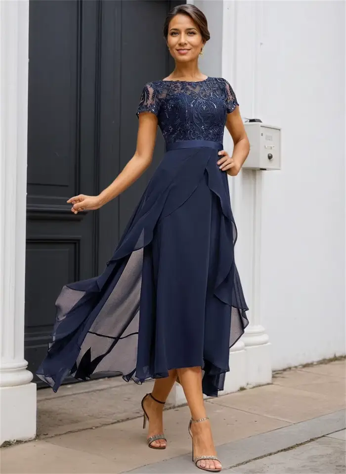 Robes de Soirée Courtes en Chiffon Noir pour Mère de la Mariée, Manches Courtes, pour Femme, Été 2026, Nouveauté, Robe de Plage SEM0010