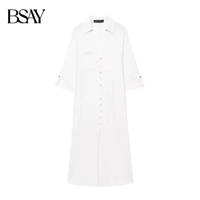Robe BSAY en polyester pour femmes, style bureau, col rabattu, boutonnage simple, longueur cheville, pour soirées et occasions spéciales