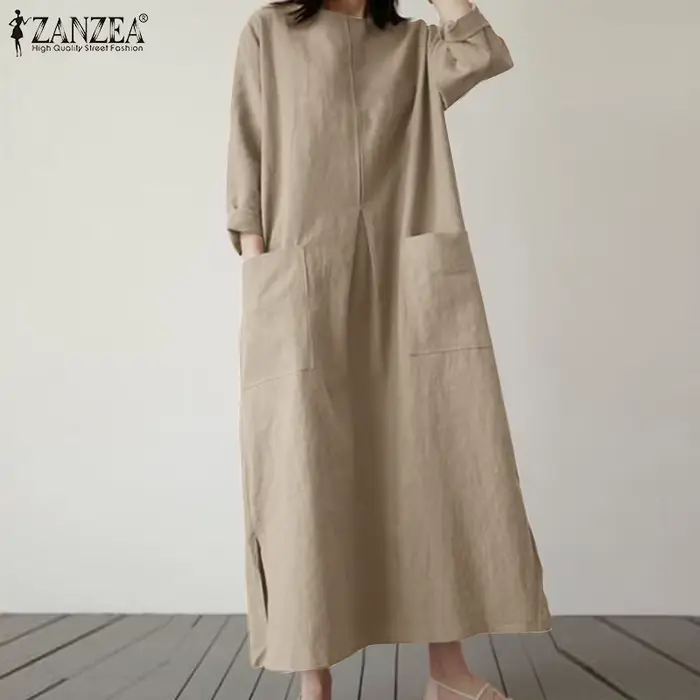 ZANZEA Robe longue ample pour femme en coton et lin