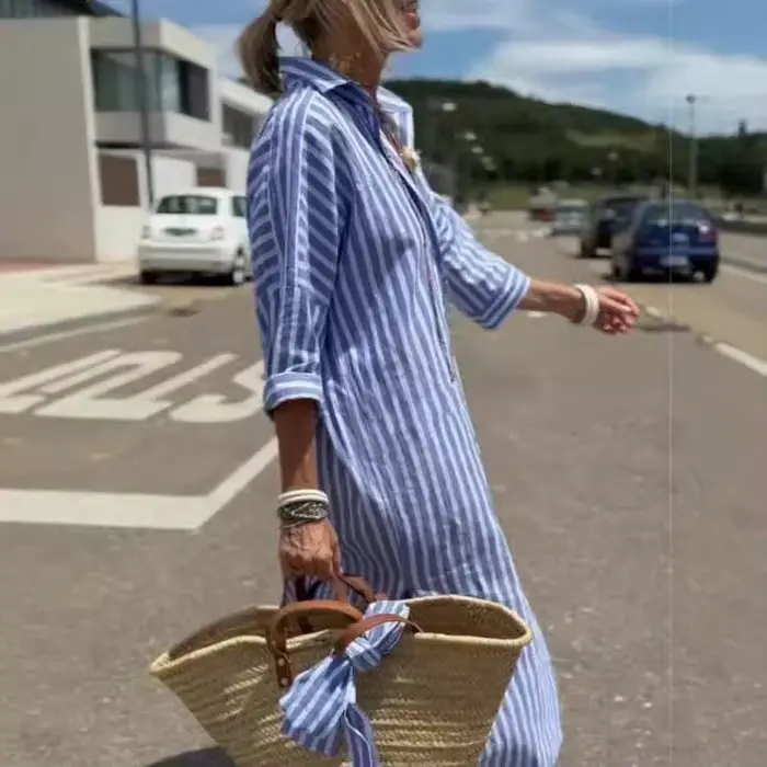 Robe longue d'été pour femme imprimée col en V décontractée polyester lin mi-mollets trois quarts occassions spéciales femmes