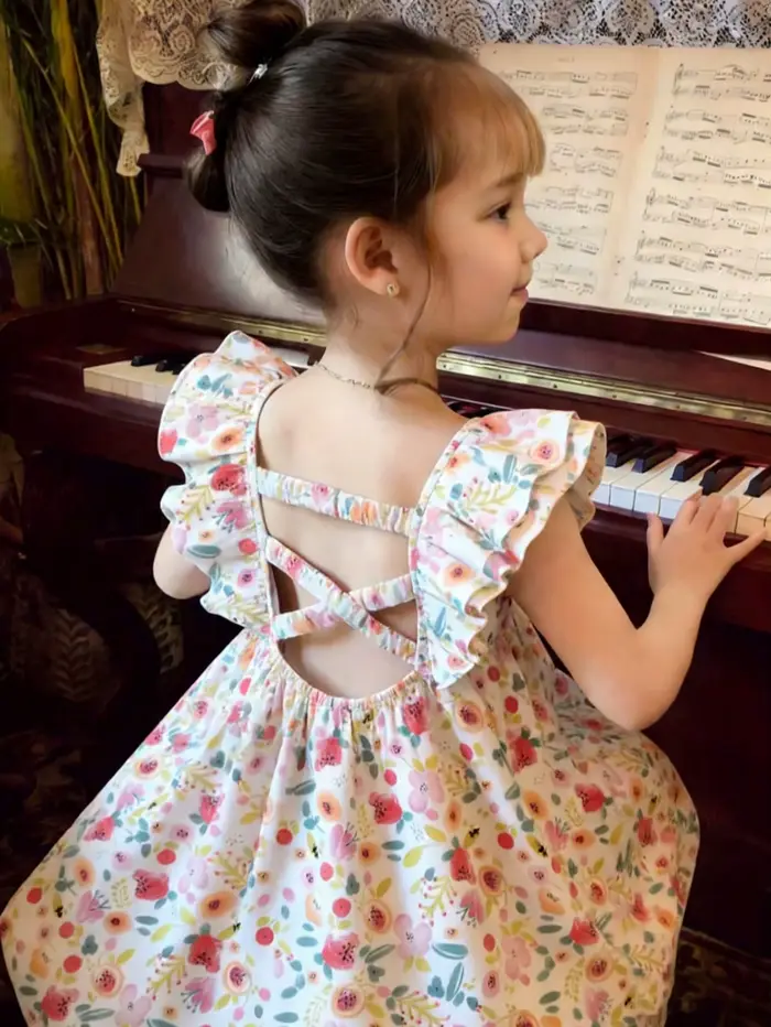 Robe trapèze mi-longue pour filles avec manches à volants – Style estival frais pour les fêtes et le quotidien