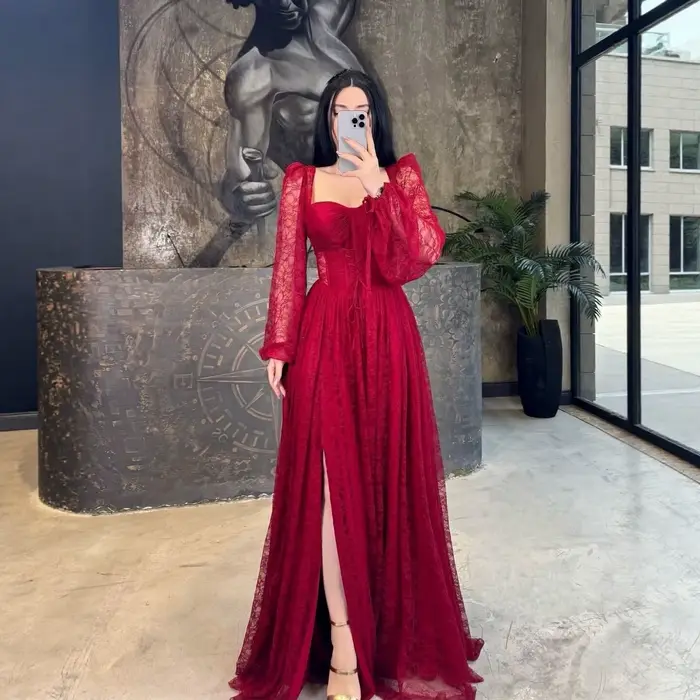 Robe longue élégante à manches longues en dentelle, Nouveau style 2026, pour le marché international, style professionnel, en tissu polyester