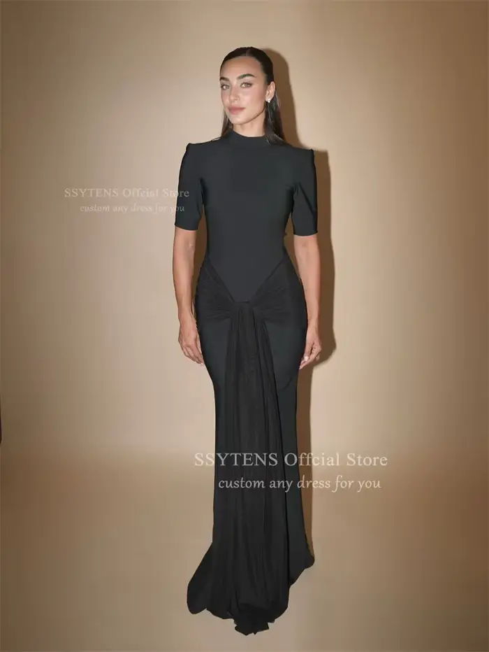 SSYTENS moderne noir Satin robes de bal manches courtes col haut femmes robe de soirée robes élégant