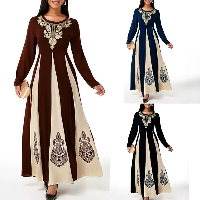 Robe musulmane élégante pour femme avec col rond et manches longues pour les occasions spéciales automnales et tout au long de l'année