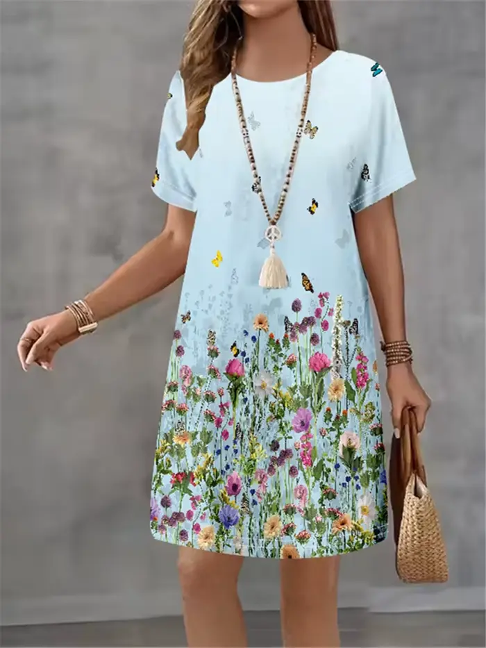Robe fleur imprimé polyester décontractée à manches courtes pour femmes été élégante ocassions spéciales
