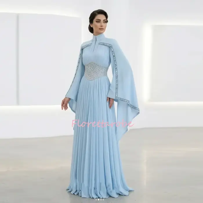 Robe de soirée marocaine en mousseline de soie, style kaftan, coupe trapèze, manches longues, col mo