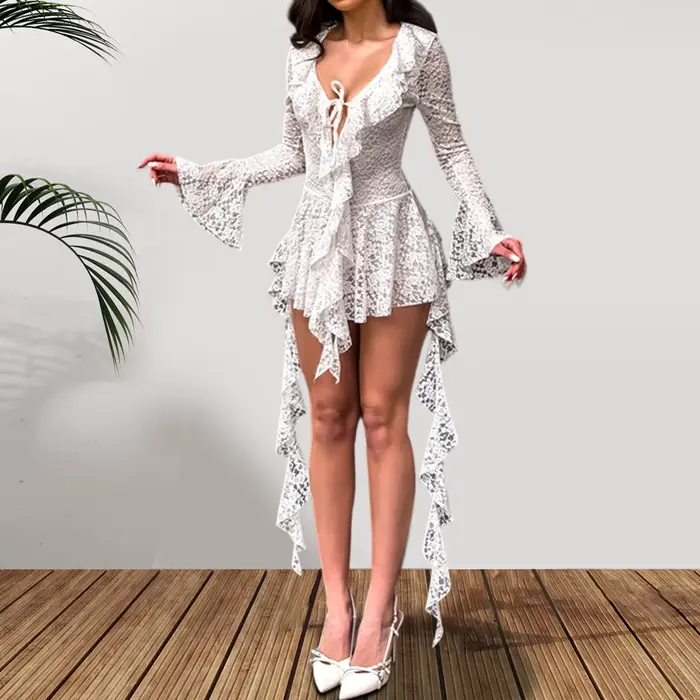 Robe en dentelle transparente pour femme, manches longues, col en V, à nouer sur le devant, avec volants, pour soirée chic et événements spéciaux