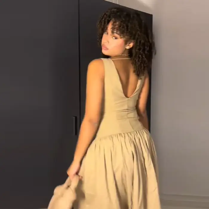 Nouvelle Robe Midi Chic Kaki Sans Manches Boutonnée Devant pour Femme