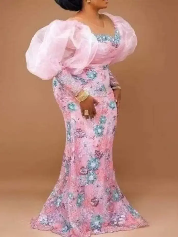 Robe de Soirée Africaine Rose à Manches sulfpour Femme