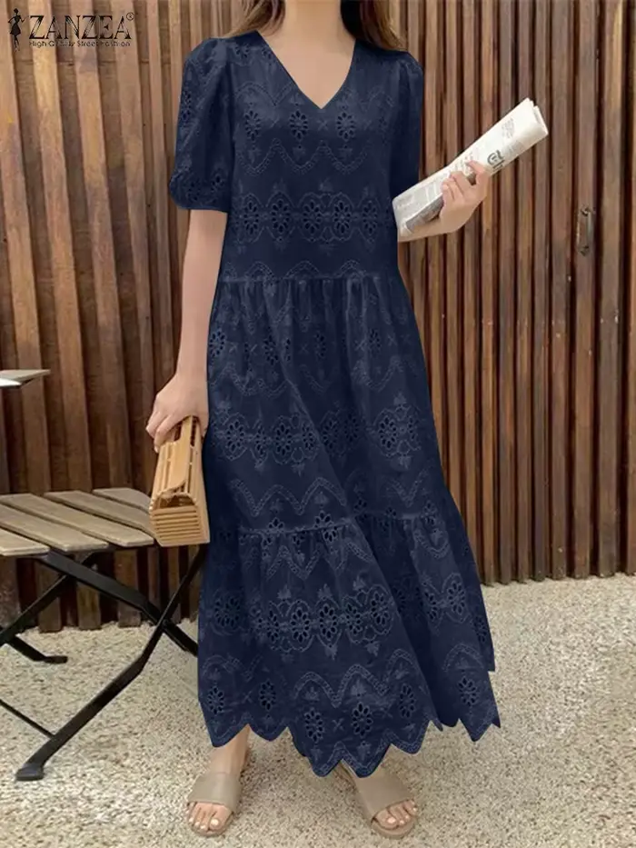 ZANZEA 2025 été femmes Robe longue solide Maxi robes mode dentelle à volants ourlet
