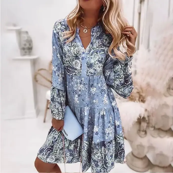 Robe trapèze imprimée à manches longues pour femmes, élégante, plissée, décontractée, robe patineuse