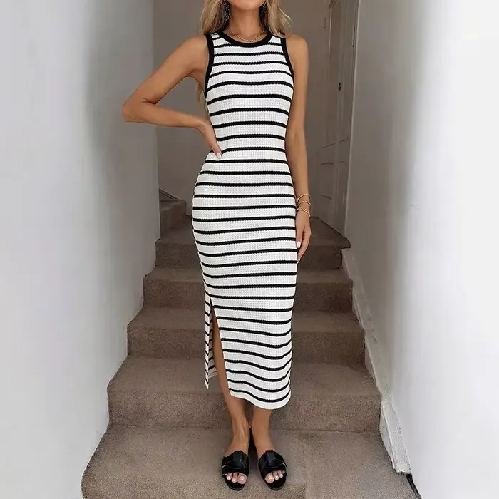 Robe sans manches style chemisier, robe décontractée ajustée en maille rayée à jupe longue avec fent