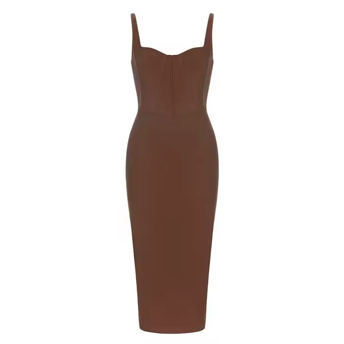Robe longue marron foncé avec sangle pour femme, robe à bandes, mode sexy, célébrité d'été, robe de