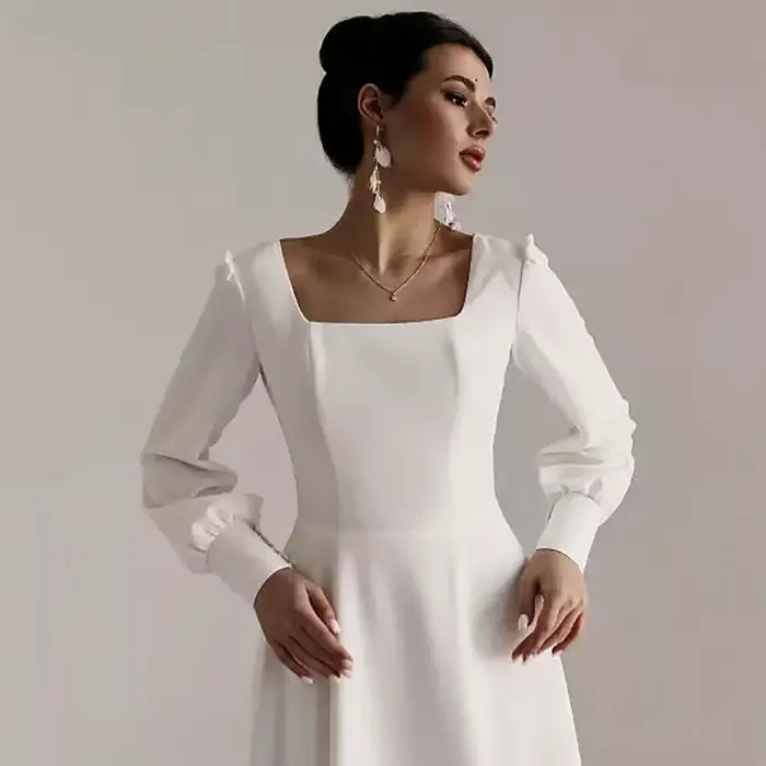 Robe de Mariée Arabe Élégante en Satin à Manches sulfet Col Carré, Vêtement Modeste sur Mesure, de P