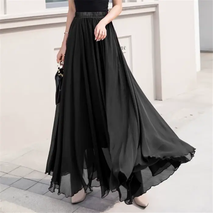Jupe patineuse longue taille haute en mousseline de soie pour femme, polyester haute élasticité, style décontracté, adapté aux quatre saisons, couleurs vibrantes et douces, pour les femmes d'âge moyen, occasions quotidiennes et festives