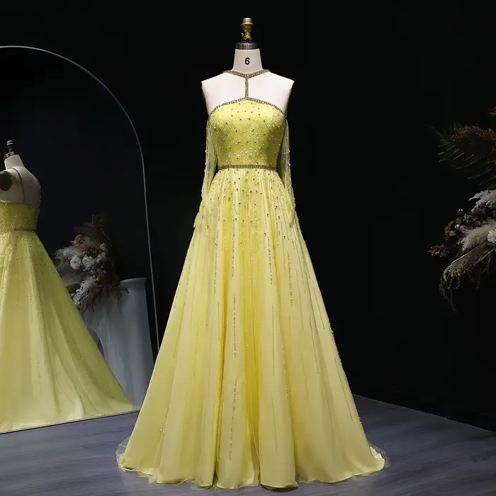 Robe de soirée de luxe jaune perlée et scintillante Sharon Said, style halter, avec gants, pour femm