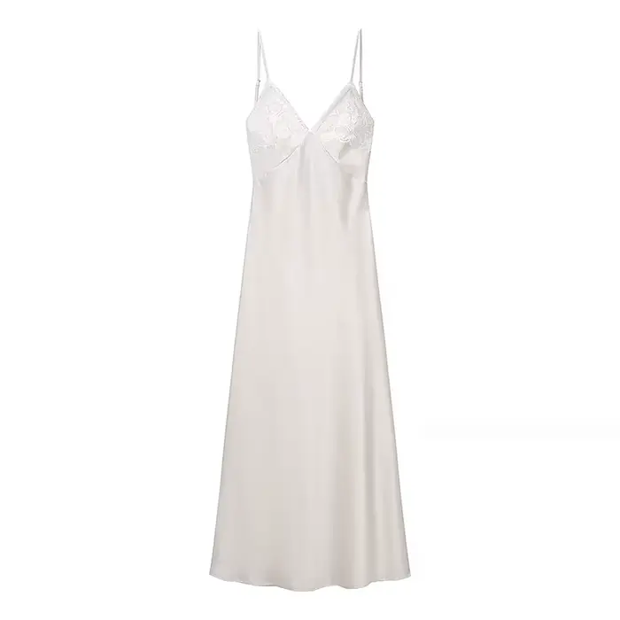 Robe longue élégante en satin pour femme HH, avec dentelle décorative, col en V, sans manches, à bre