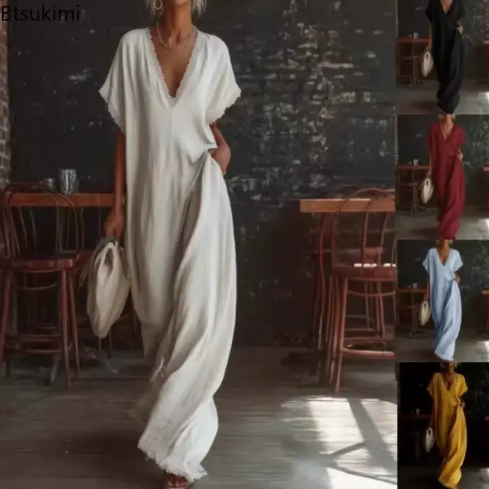 Robe en dentelle ample avec col en V pour femmes, couleur blanche, noire, rouge bordeaux, bleu ciel, jaune, pour l'été, la plage, les fêtes, junior