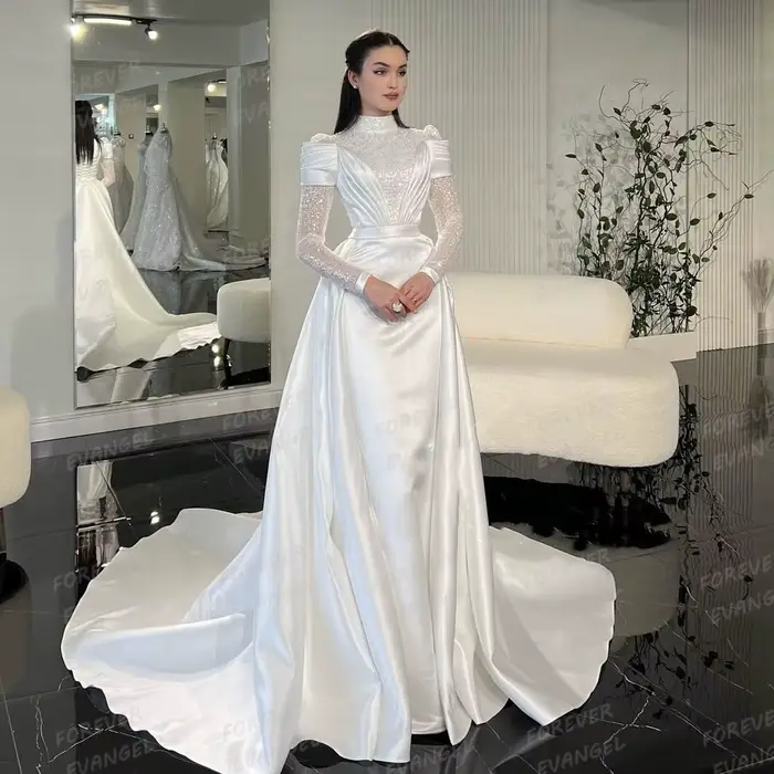 Luxe 2025 robes De mariée sirène femme formelle paillettes à manches longues col haut