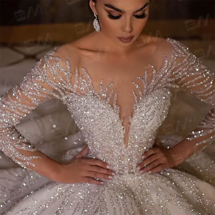 Robes De mariée Sexy perlées robes De Novia luxe main perlée à manches longues robe De mariée robe D