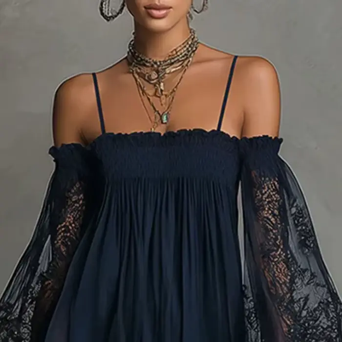 Robe bohème printemps femme élégante à épaules dénudées dentelle creuse manches bouffantes volants coupe trapèze mini robe décontractée pour fête et vacances d'été