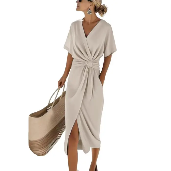 Robes pour femmes à manches courtes, col en V, robe formelle décontractée, coupe ample, couleur unie