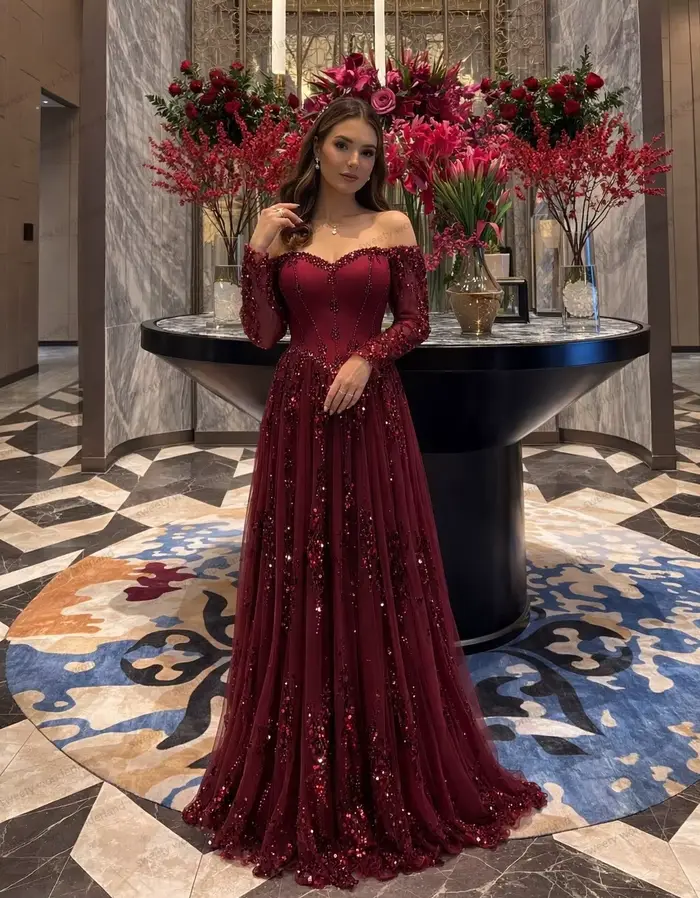 Robes de soirée exquises bordeaux en dentelle et sequins