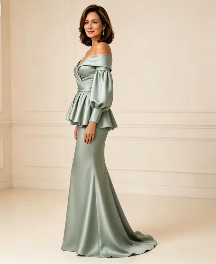 Robe de soirée sirène en satin vert sauge personnalisée pour mère de la mariée ou demoiselle d'honneur élégante à offrir pour occasions spéciales
