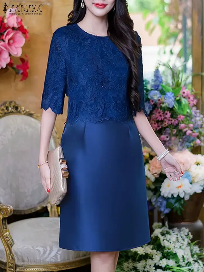 Robe élégante en polyester avec dentelle pour femmes, style bureau-dame, longueur aux genoux, col rond, fermeture éclair, occassions spéciales