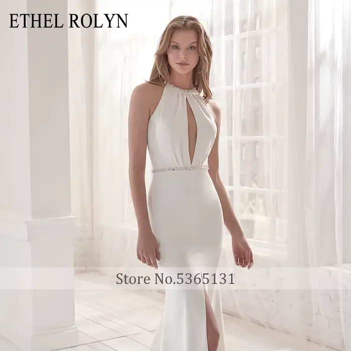 ETHEL ROLYN robe De mariée sirène licou élégant dos nu Satin cristal ceintures sans manches robes