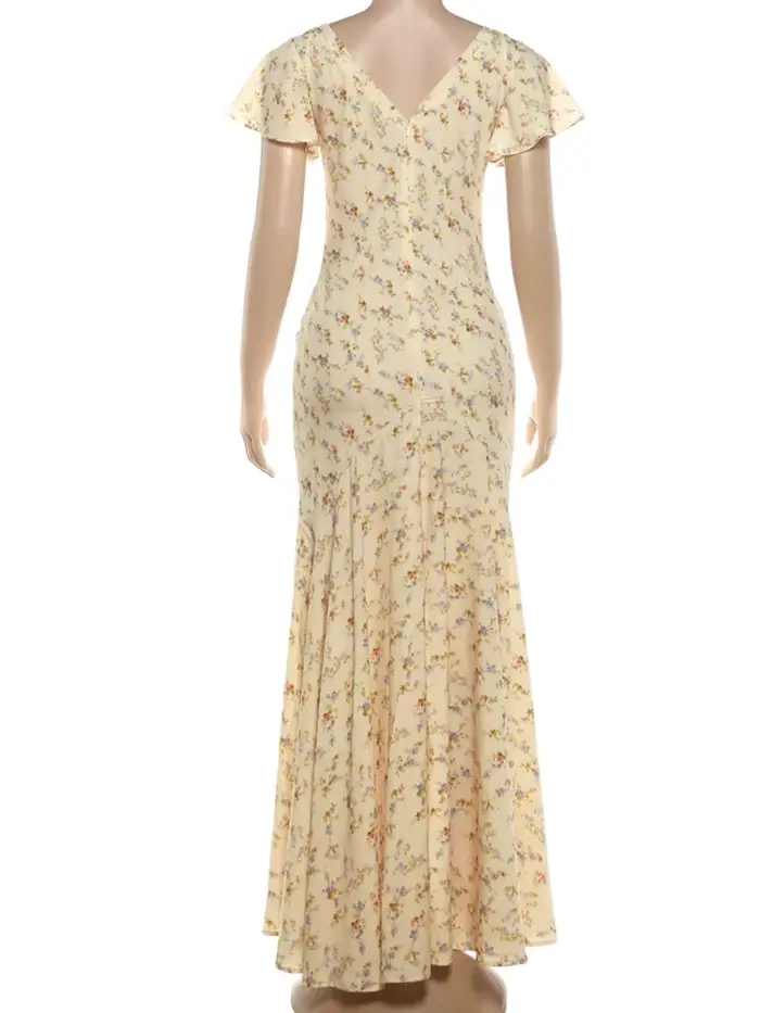 Robe longue élégante froncée Kliou imprimé floral col en V manches bouffantes taille haute style décontracté quotidien simple et tendance occassions spéciales femmes printemps été