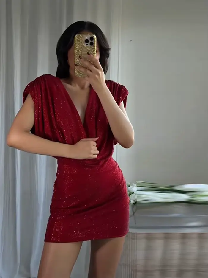 Robe courte à paillettes sans manches pour femmes