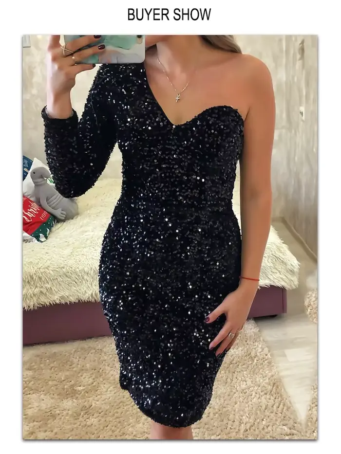 Robe de soirée à paillettes noire ou rouge sexy une épaule manches longues pour femmes bal de promo boîte de nuit été