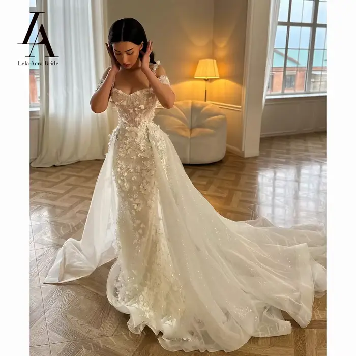 2 en 1 chérie robe de mariée sirène 2026 brillant 3D fleurs princesse