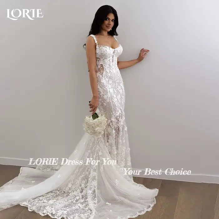 Robe de Mariée Sirène en Dentelle avec Fleurs Appliquées, Tenue Élégante de Plage, Style Boho, Occasions Spéciales
