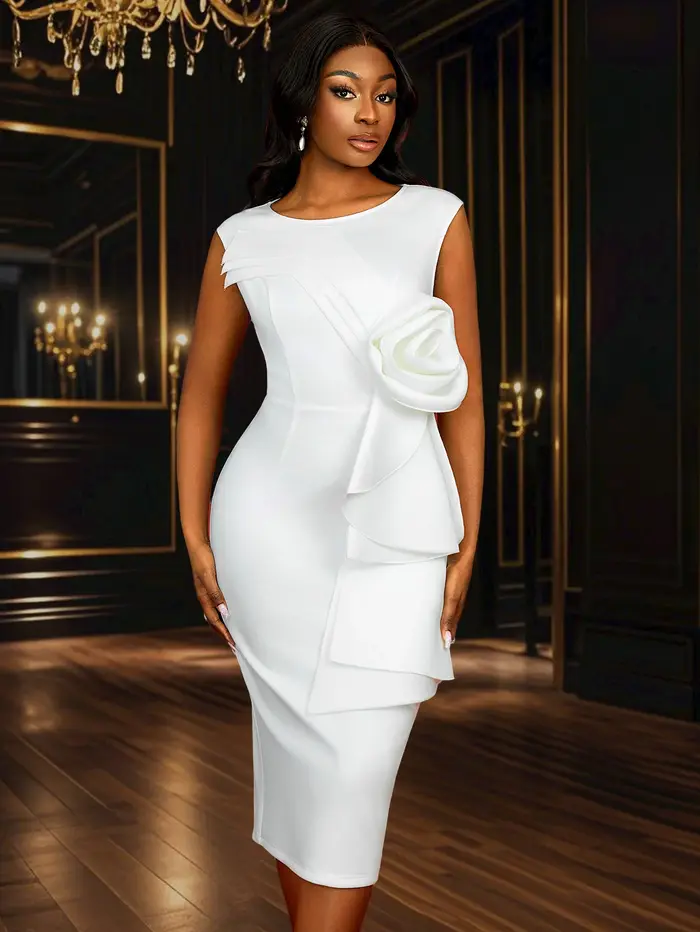 Robe mi-longue fourreau blanche élégante avec détails à volants de fleurs 3D