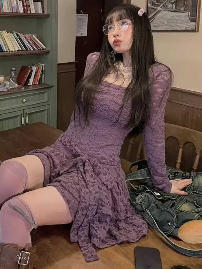 Robe décontractée en dentelle KOSAHIKI col carré taille cintrée tunique pour femme occasions spéciales années 2000