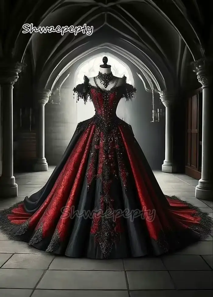 Robe De mariée gothique rétro, noir et rouge foncé, Vintage, avec des Appliques en dentelle perlée,
