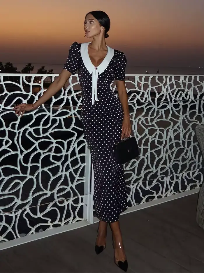 Robes imprimées à pois pour femmes mode Sexy Streetwear manches courtes gaine col rabattu col en v longues