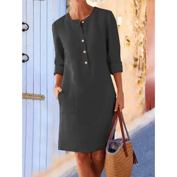 Robe tunique en coton et lin pour femmes, décontractée, solide, manches longues, Vintage, droite, ma