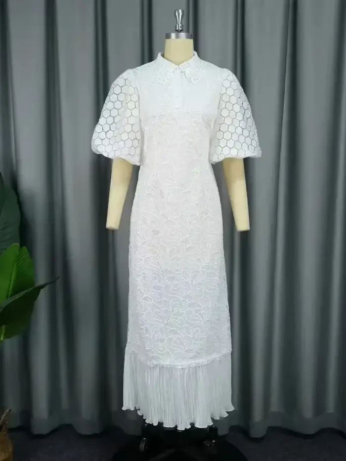 Robe mi-longue en dentelle blanche col rabattu manches bouffantes pour femmes élégantes invités de mariage et autres occasions spéciales