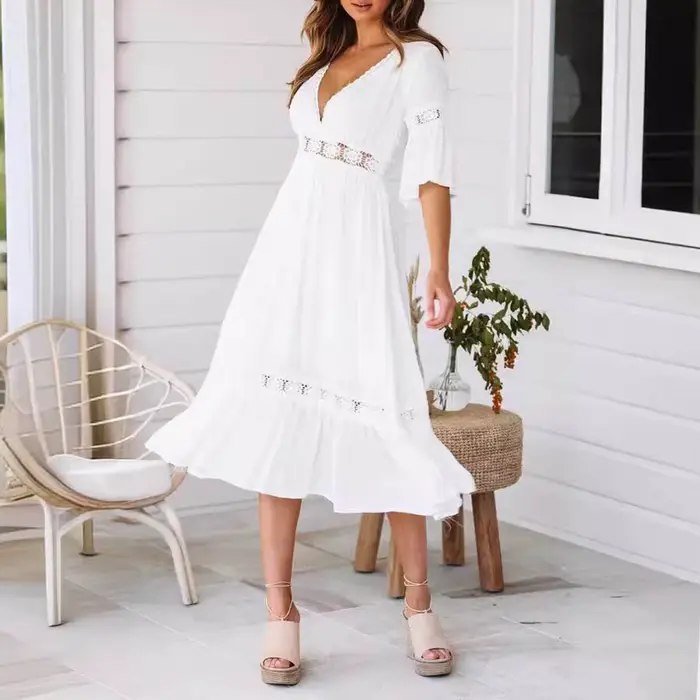 Robe en polyester décontractée avec décolleté en V et dentelle pour femmes, idéale pour les mariages, les soirées et les vacances