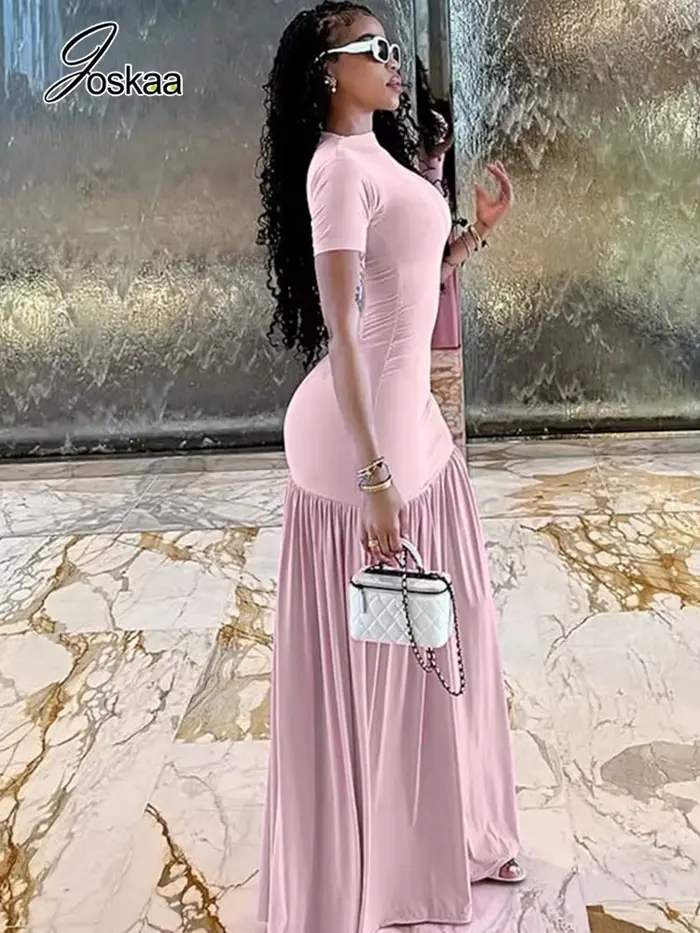 Robe longue rose élégante Joskaa à volants sexy col rond manches courtes fente haute pour femmes plage vacances streetwear