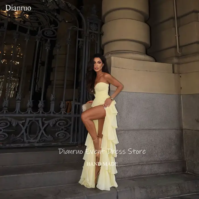 Dianruo jaune haute fente robe de soirée en mousseline de soie à volants longue