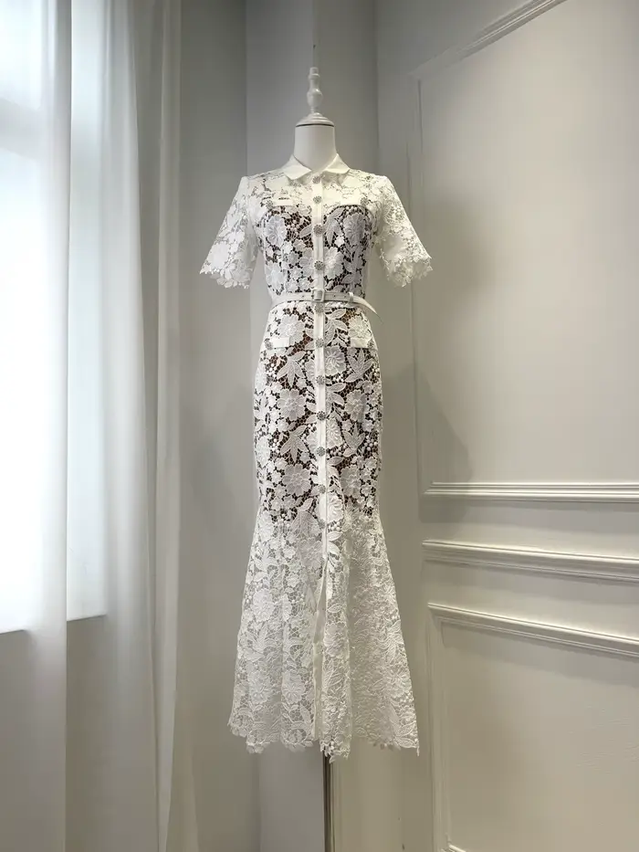 Robe élégante en dentelle blanche pour femme, manches courtes, taille haute, robe midi tendance