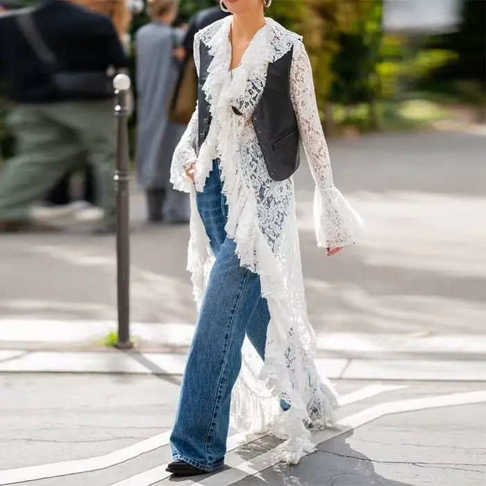 Robe longue fluide en dentelle pour femmes style de plage vacances à la plage transparente sexy maxi cardigan élégante manches longues cover-up fête en club été