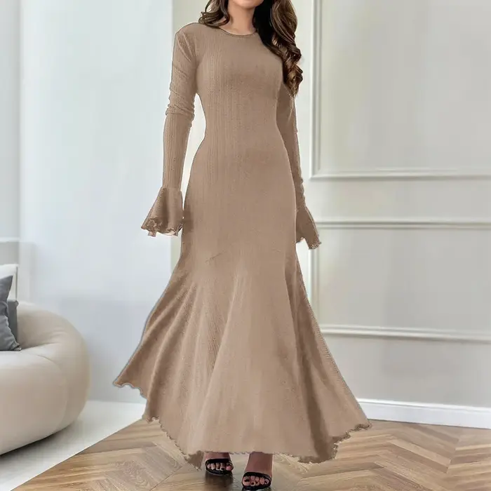 Robe longue pull coupe cintrée polyester kaki pour femmes occasions spéciales automne hiver