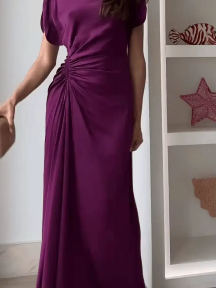 Robe ELSVIOS élégante et décontractée pour femmes, col rond, coupe cintrée, polyester uni, longue, occasions spéciales printemps été